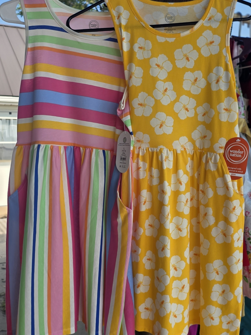 wonder nation Yellow Floral Tank Dress & Rainbow Stripe Dress Duo L (10-12) PLUS